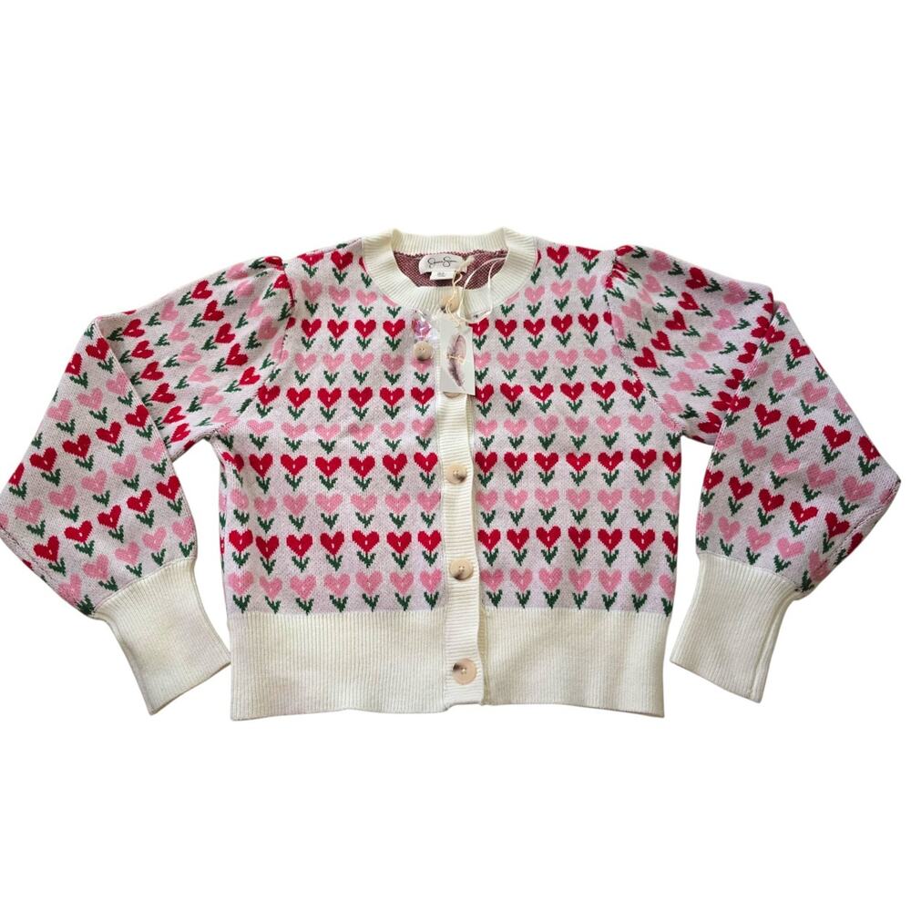 Jessica Simpson Heart Print Button Cardigan M Pink Red White Knit Cottage Boho